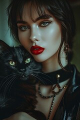 Portrait of a brunette Goth style inspired woman holding black cat, fashion and make-up shoot. Gothic, Goth, Emo, New Wave, Dark style fashion. Dark smokey make-up, red lipstick. Dramatic. Elegant.	
