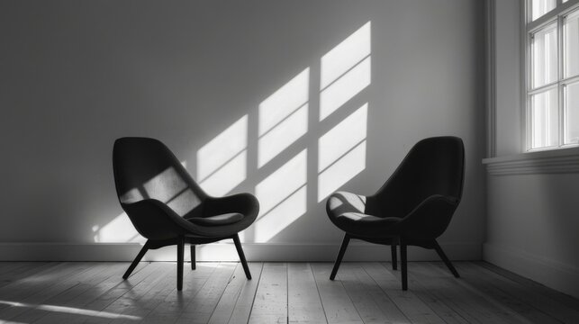 Two chairs sit in a room with sunlight shining through the window. AI.