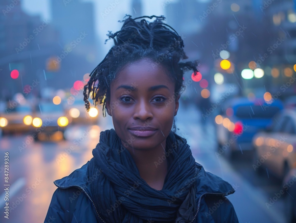 Canvas Prints Portrait of a young woman with black hair and wearing a black jacket. AI.