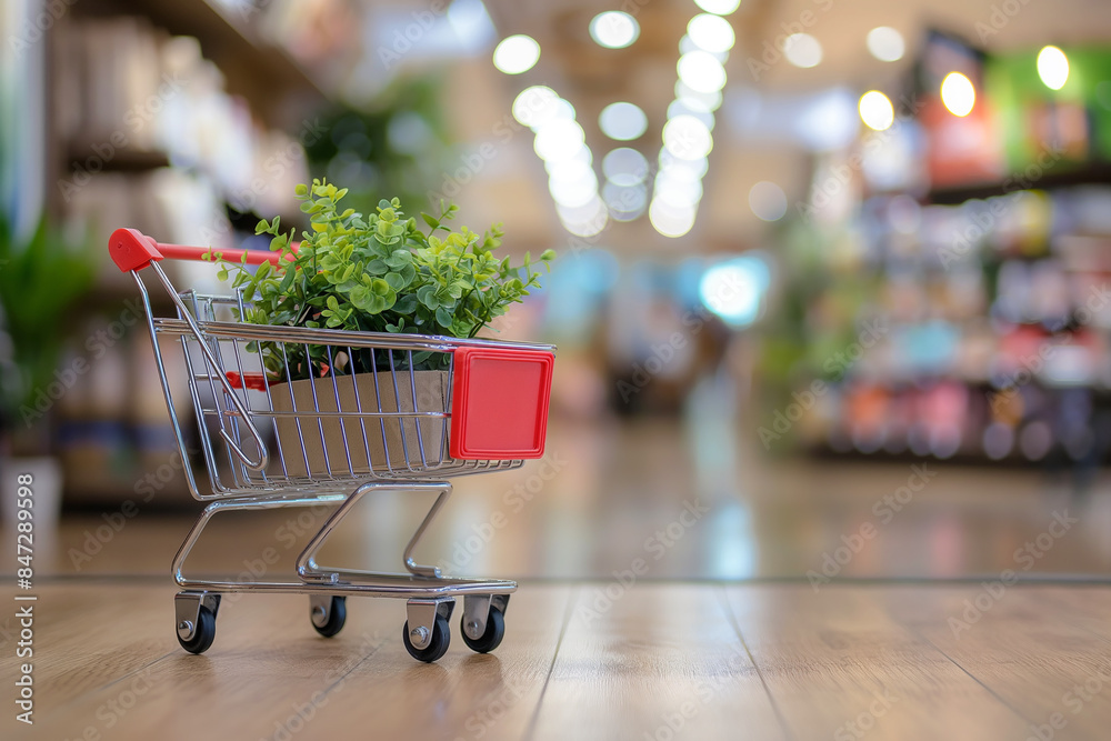 Wall mural shopping cart with a plant in a store aisle for purchase or display at a supermarket