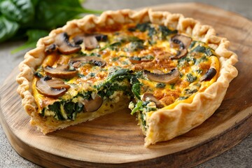 Close-Up Delicious Savory Quiche With Spinach, Mushrooms, And Swiss Cheese In Food Restaurant Interior, Food Photography, Food Menu Style Photo Image
