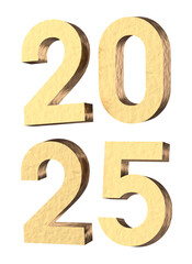 Year 2025, golden 3D numbers isolated on transparent background