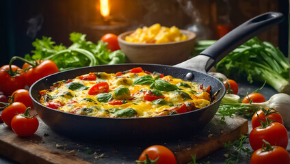 Delicious frittata in a frying pan, Italian traditional food