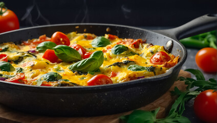 dinner  frittata in a frying pan, Italian traditional food lunch