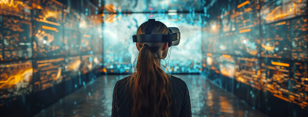 virtual reality, a man wearing a VR handset devise and checking and inspecting a projected 3D model of a projected human xray body part 