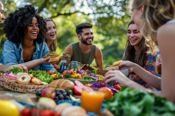 group of young happy diverse friends having fun at vegan picnic in summer park on sunny day