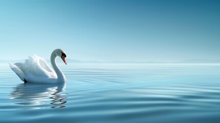 Fototapeta premium A graceful swan floats on a serene blue lake, with a clear sky and distant mountains forming a calming backdrop