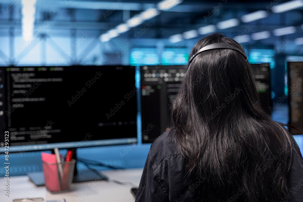 Poster software developer in server hub establishment ensuring data remains shielded from potential threats