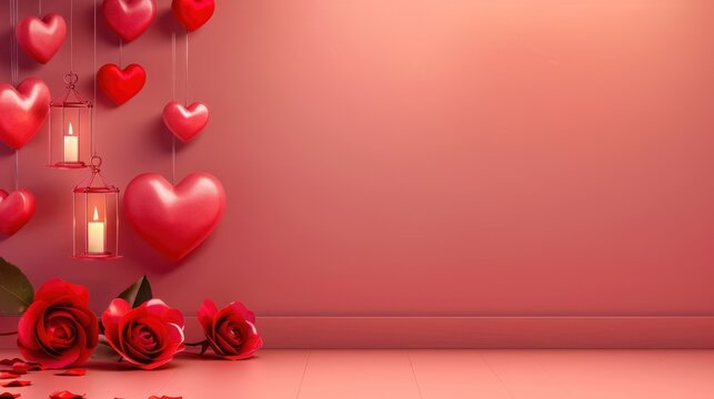 a romantic setup with 3D red hearts and roses against a pink wall, with hanging hearts and a lantern