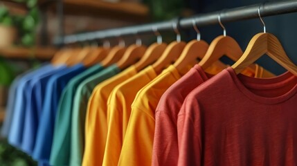 A rack of colorful shirts hanging on a clothesline