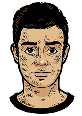 Man face classic hairstyle color sketch engraving PNG illustration. T-shirt apparel print design. Scratch board imitation. Black and white hand drawn image.