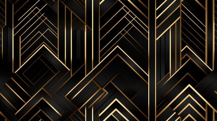 Seamless pattern Abstract black and gold geometric background with glowing lines.
