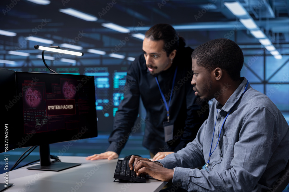 Poster team of developers in server hub trying to protect hardware from hacker stealing information. cowork