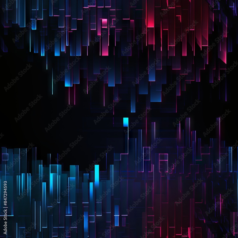 Wall mural dark seamless pattern of blue, purple, and yellow lights on a black background with glitch effect