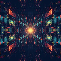 Obraz premium Dark Seamless pattern of blue, purple, and yellow lights on a black background with glitch effect