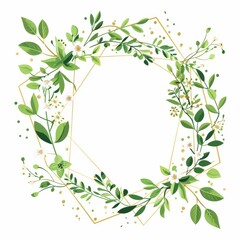 Simple flat vector geometric wreath with plants and flowers 