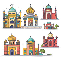 Six colorful mosques vector illustrations displayed, mosque features distinct architecture, domes, towers, elaborate detail. Vibrant hues, trees, clear skies enhance their beauty