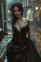 Goth style inspired woman, outdoor, street backlit fashion and make-up portrait shoot. Gothic, Goth, Emo, New Wave, Dark style fashion. Dark smokey make-up, red lipstick. Dramatic. Elegant.	