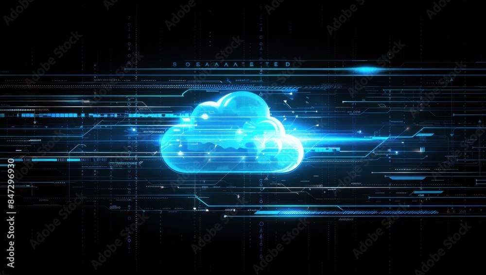 Poster digital technology background with cloud symbol and data connection in blue color cloud computing or