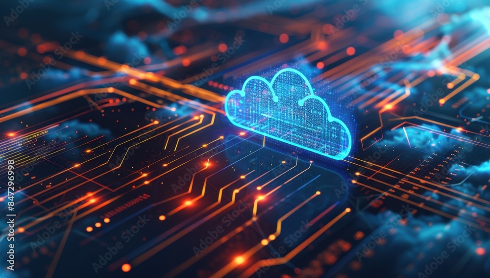 Poster digital technology background with cloud symbol and data connection in blue color cloud computing or