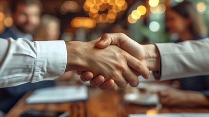 Two people shaking hands in a business setting
