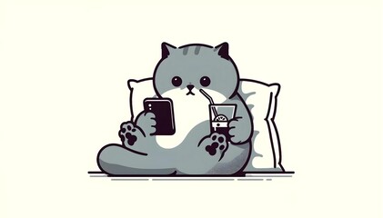 British short hair Cat resting on Pillow. Kitty Drinking. Funny Cat play with a phone relaxing