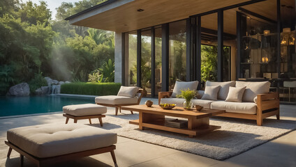 Fototapeta premium Beautiful recreation area with furniture in nature, summer near the house
