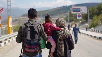 Naklejka premium Migrant Family at Border Checkpoint