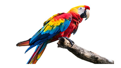 Fototapeta premium Scarlet Macaw parrot sitting on a branch isolated on a transparent background, PNG, Ai