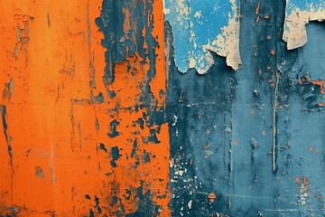 Textured surface showing weathered and peeling orange and blue paint on a wall