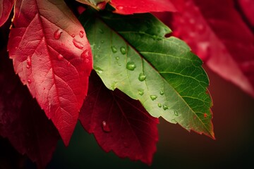 Close-up of red and green leaves with water droplets - Powered by Adobe