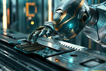 Fototapeta premium Robot assembling AI microchips in a high tech lab, showcasing advanced technology, innovation, and precision engineering in a futuristic, sterile environment