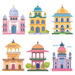 Collection colorful Indian landmark illustrations, famous buildings, architectural icons. Flat design Indian palaces temples, varied shapes sizes, cultural heritage sites. Vibrant colors, detailed