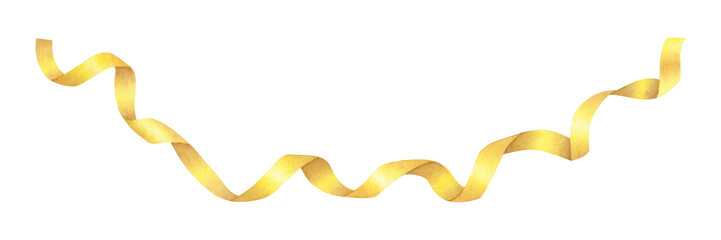 Shiny yellow, golden serpentine ribbon with curls isolated on a white background. Hand drawn watercolor illustration. Decorative decoration for Christmas, birthday, design, cards, invitations