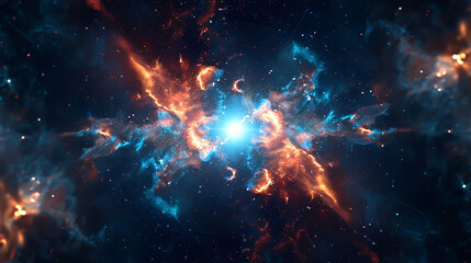 Vibrant blue and orange nebula clouds with a luminous center