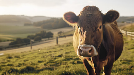 brown cow in the green field on a beautiful sunny day