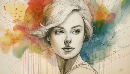 retro abstract image of a young woman; pencil drawing; sketch on paper with color spots