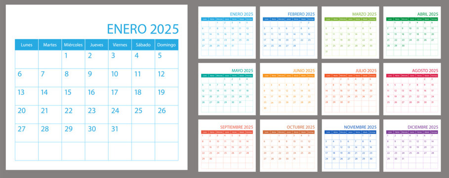 Spanish calendar planner 2025 year, schedule month calender, organizer template. Week starts on Monday. Business personal page for Spain. Modern simple vector illustration