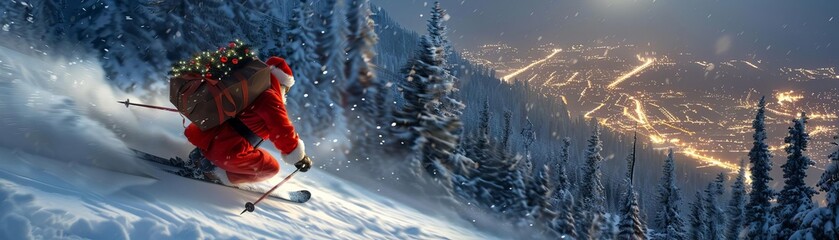 A photo of Santa Claus skiing down the mountain at night with his bag full of gifts on his back