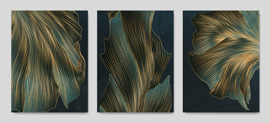 Luxury abstract art background with hand drawn wave or leaf pattern in gold line style. Botanical poster set for decor, print, packaging, textile, wallpaper, interior.