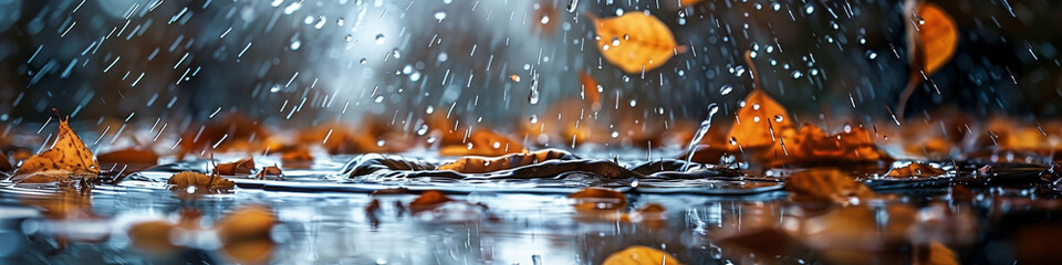 beautiful realistic photograph of yellow color dry leaves fall on the wet floor and on a rainy day, water spread and drops on it .
