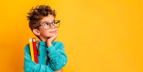 School boy with books and notebooks on a background with space for text. back to school concept. advertisement