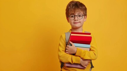 School boy with books and notebooks on a background with space for text. back to school concept. advertisement