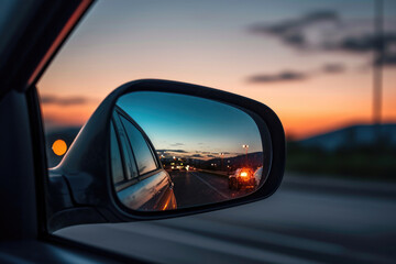 A rear view mirror reflects the road ahead with no traffic in sight, perfect for use in travel or transportation themed projects