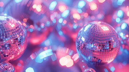 Colorful disco balls on a bright background, perfect for nightclubs and event promotions. Suitable for businesses related to entertainment, parties, and celebrations. Represents vibrant nightlife 