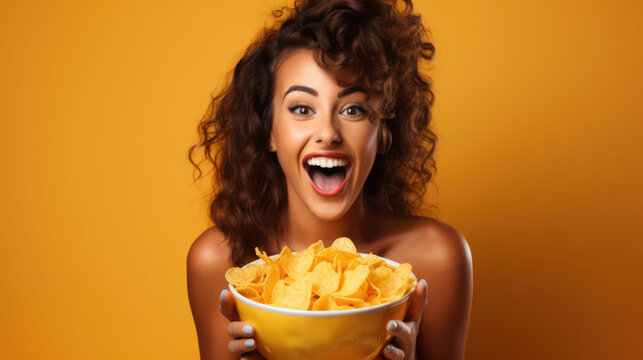 A woman holds a bowl of chips in front of her face, likely snacking or hiding