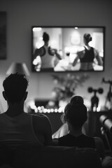 A man and a woman relaxing together on a couch while watching television