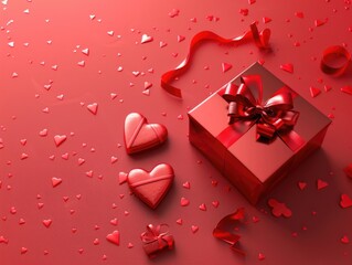 A beautifully wrapped red gift box with a ribbon and two hearts, perfect for romantic occasions or gifts
