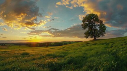 Obraz premium A single tree stands tall in a grassy field as the sun sets, with warm light and shadows