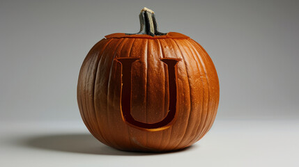 Pumpkin Carved with the Letter "U" on White Background